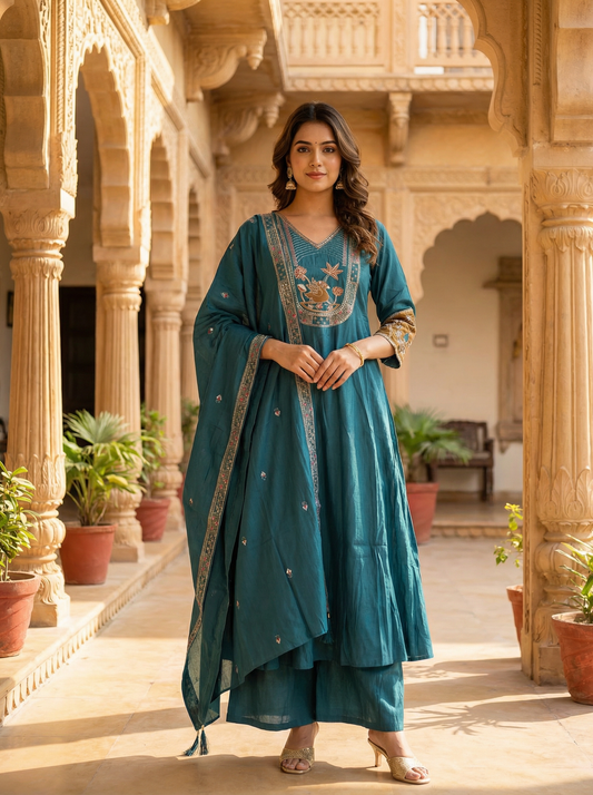 GIRRA – Deep Teal Heritage Luxe Kurta Set