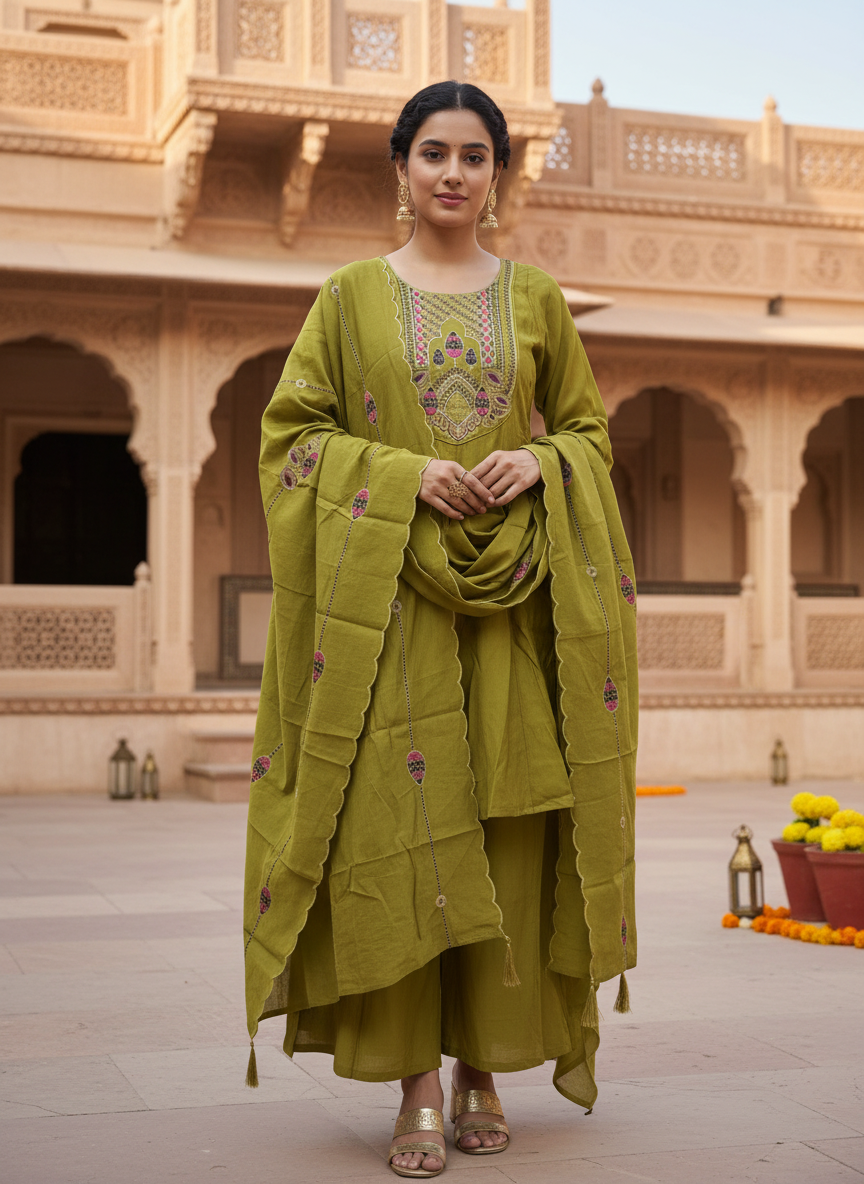 GIRRA – Parrot Green Heritage Luxe Kurta Set