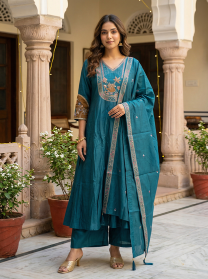 GIRRA – Deep Teal Heritage Luxe Kurta Set