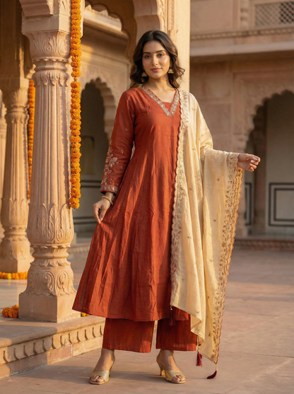 GIRRA – Rust Red Heritage Luxe Kurta Set