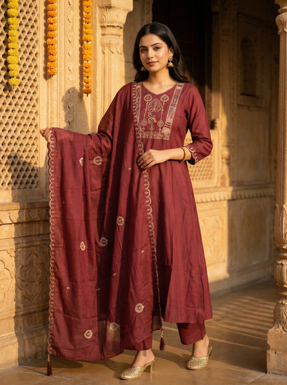 GIRRA – Wine Maroon Heritage Luxe Kurta Set