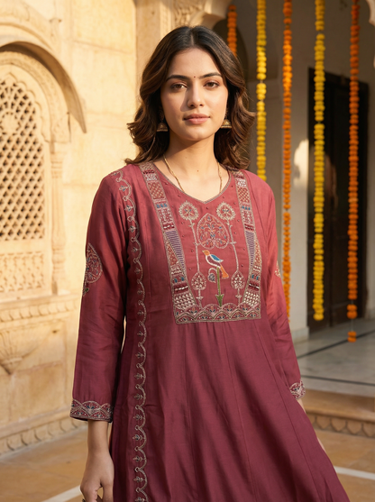 GIRRA – Wine Maroon Heritage Luxe Kurta Set