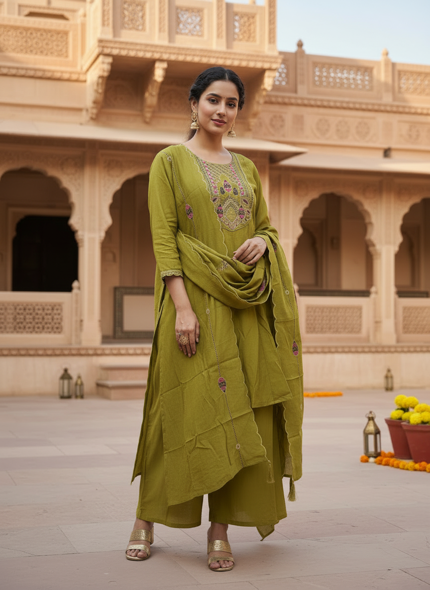 GIRRA – Parrot Green Heritage Luxe Kurta Set