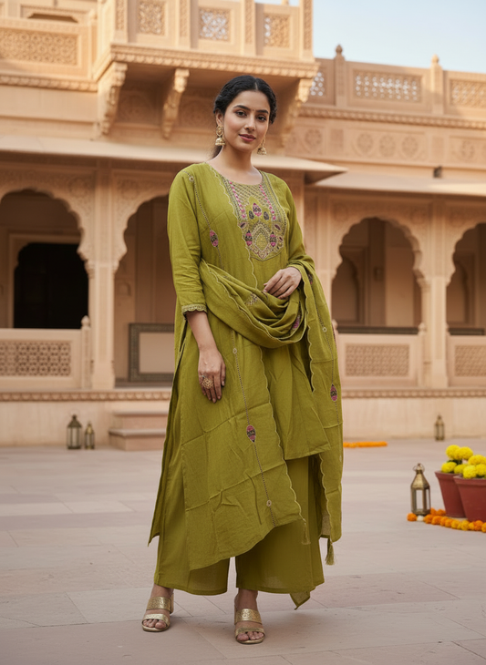 GIRRA – Parrot Green Heritage Luxe Kurta Set