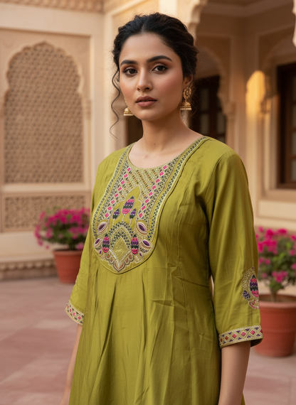 GIRRA – Parrot Green Heritage Luxe Kurta Set